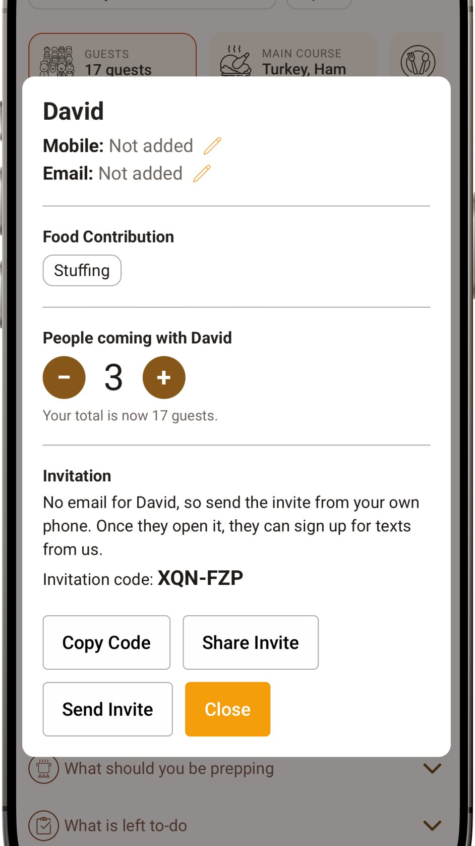 Guest contact and invite details