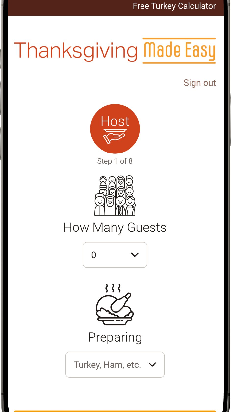 Step 1 of 8, guest count and menu